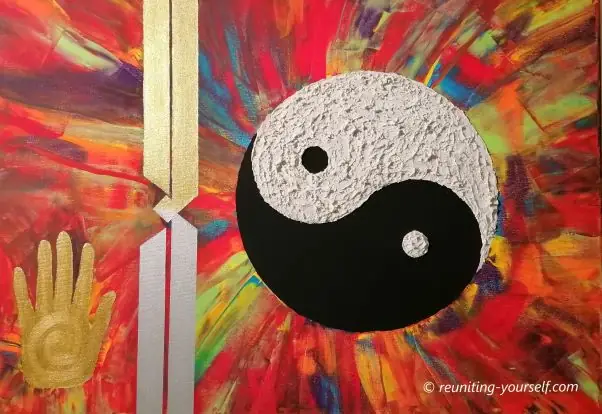 Abstraktes, lebendiges Gemälde mit einem Yin-und-Yang-Symbol im Zentrum, einer ausgestreckten Hand und einem Weg, die innere Balance, Selbstfindung und Verbindung symbolisieren. Kunstwerk von Pilar Valencia.